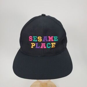 Vintage Sesame Place Hat Mens Black Embroidered Logo Strapback Cap 90s Souvenir